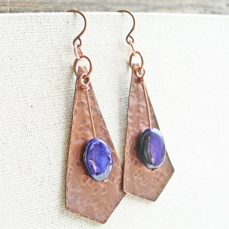 Vintage Extra Long Rhombus Metal Earrings Handmade Pendant Purple Green Stone Ladies Personality Boho Jewelry Earrings