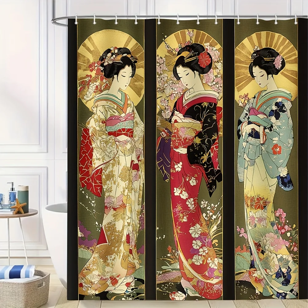 

Japanese Geisha Shower Curtain, Traditional Kimono Girl Art, Oriental Floral Design, Vintage Bathroom Decor, Waterproof