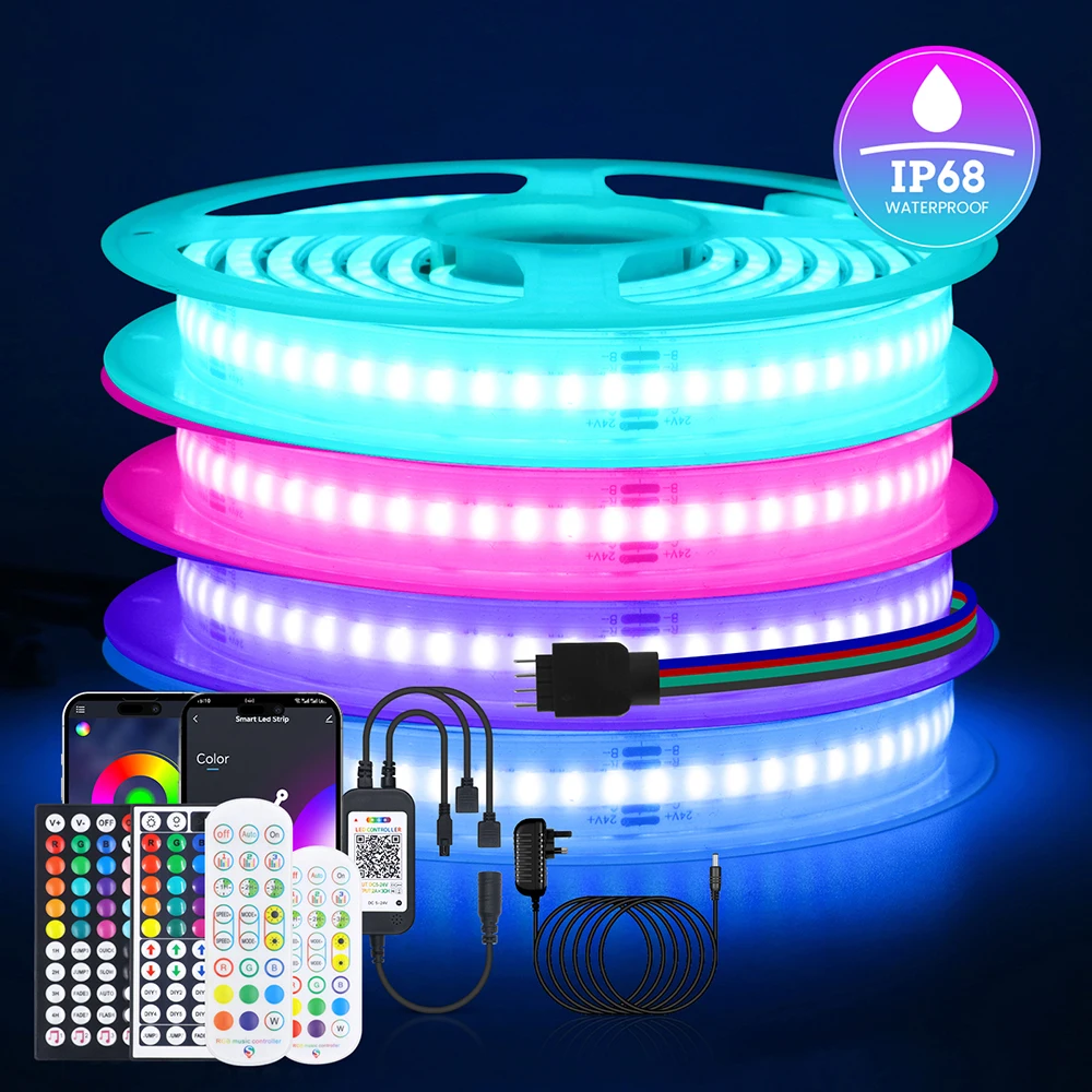12v-ip68防水rgb-cob-ledストリップライト-wifi-bluetoothリモコン電源キット-576ledフレキシブルテープシリコンチューブランプ