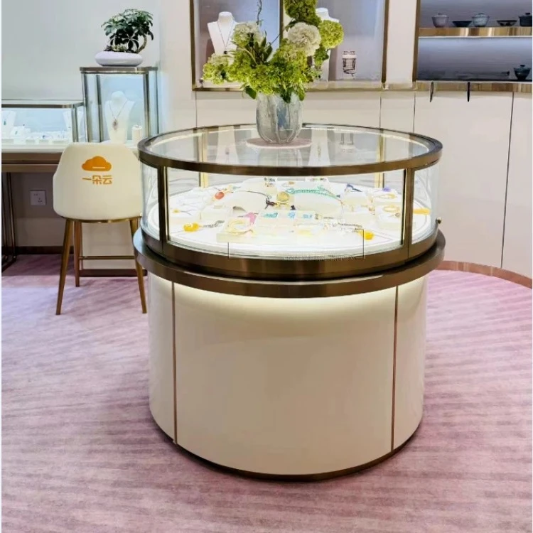 

Metal Display Cabinet Round Exhibition Hall Luminous Middle Island Cabinet Jewelry Display Boutique Glass Display Cabinet