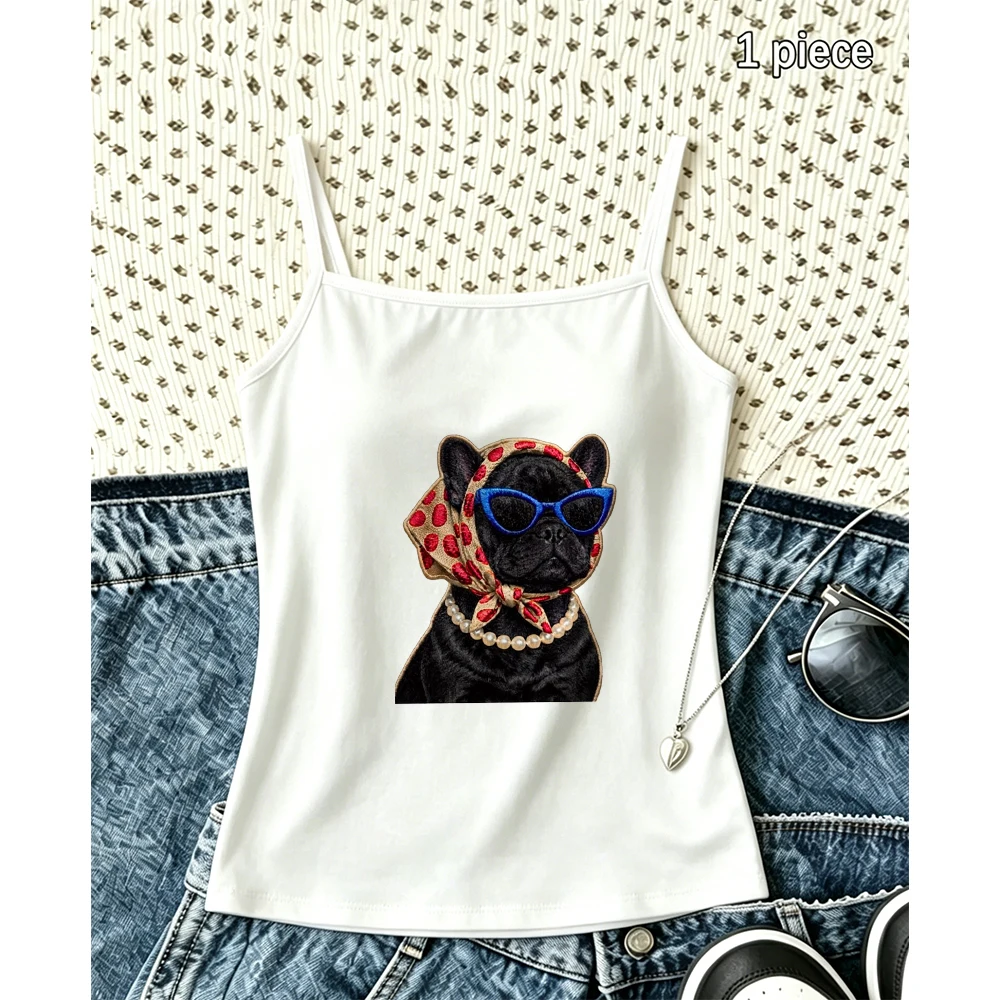Retro Diva Frenchie Graphic Camisole Women Summer Black White Dog Print Tank Top Pearl Necklace Sleeveless Vest for Pet Lover C