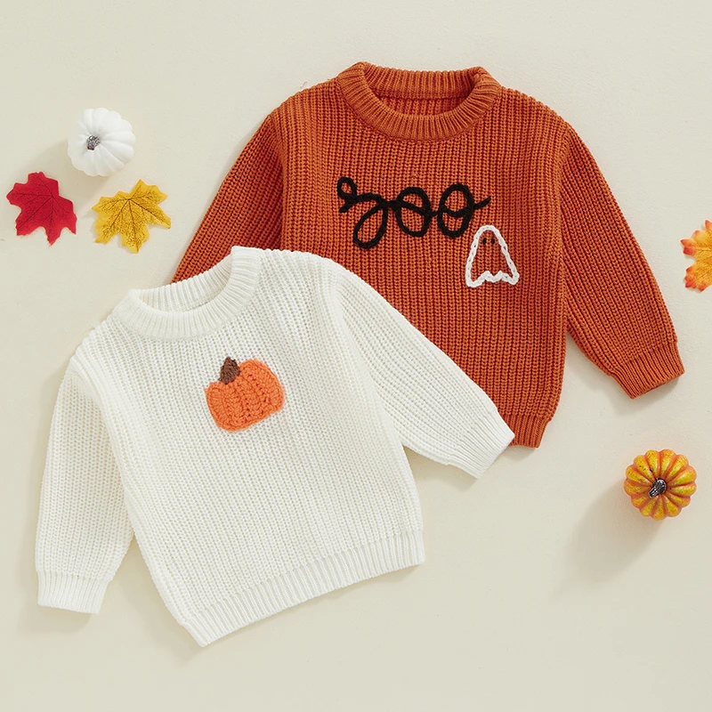 Suefunskry Toddler Girls Boys Sweater Halloween Clothes Pumpkin Embroidery Crew Neck Long Sleeve Kids Pullovers Fall Winter Tops