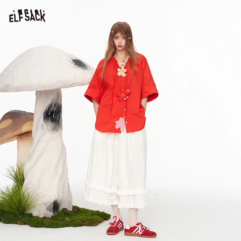 

ELFSACK Lace Trim Tiered Pants, Elastic Drawstring Linen Cotton Culottes, Bohemian Flowy White Pants for Women