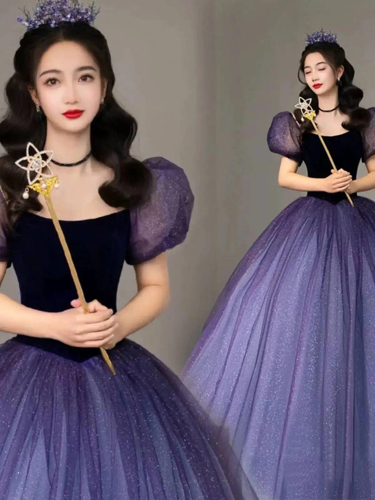 Puff Sleeve Velvet Bodice Evening Dress Gradient Purple Glitter Tulle Ball Gown Princess Prom Wedding Dress