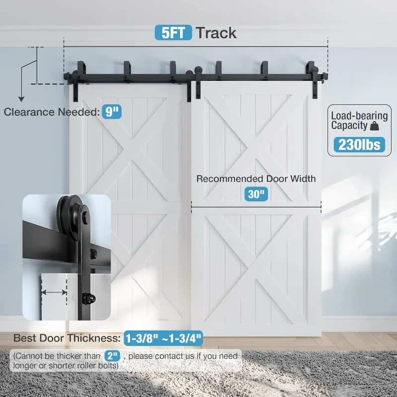 5ft Double Track Bypass Sliding Barn Door Hardware Kit for 2 Doors, Bypass Barn Door Track Kit, Low Ceiling, Easy to Install