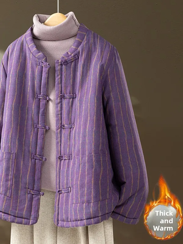 

Women's Winter Zen Sle Striped Cotton Jaet Warm Cotton Linen Outerwear Buddhist Layperson's Clothing Purple Color