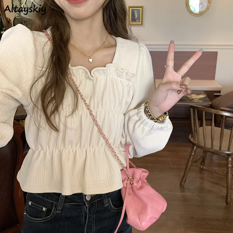 Corduroy T-shirts Women Puff Long Sleeve Pleated Retro Design Fashion Chic Gentle Autumn Ulzzang Simple Square Collar Clothes