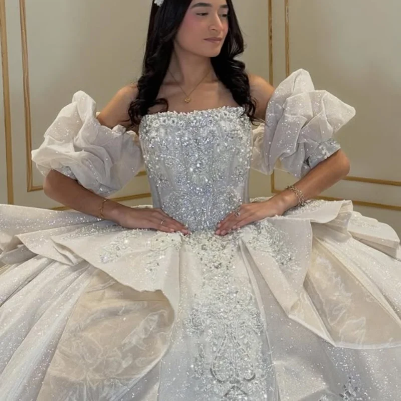 

Shiny white Quinceanera Dress golden Sequins Decal off-shoulder Long tail Lace Layering Vestidos De 15 Quinceanera ﻿Customize