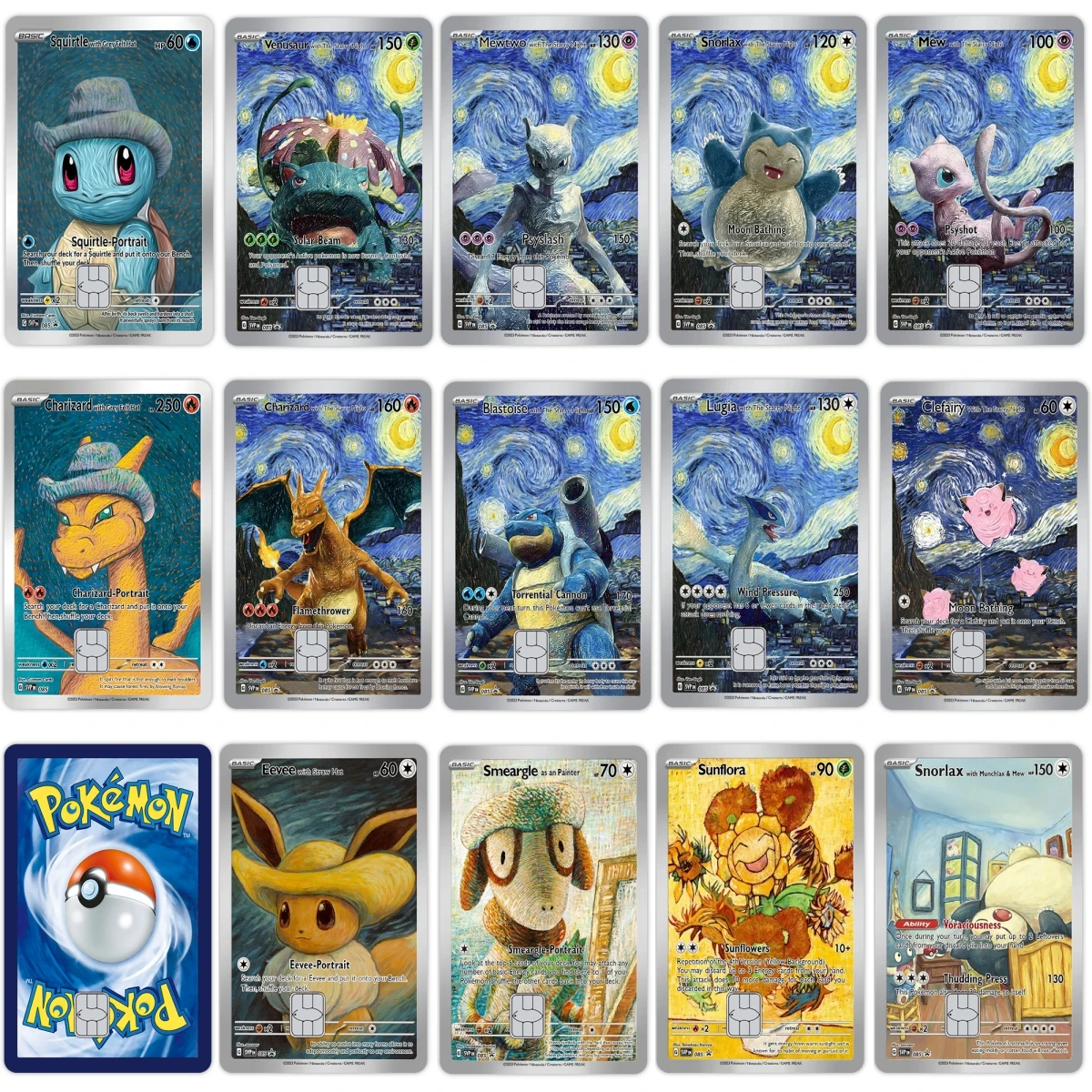 

Наклейки DIY для карт VISA, дебетовых, кредитных, банковских, транспортных карт, серия «Ван Гог», с изображениями персонажей аниме Pocket Monster (Мюту, Чаризард, Эevee)