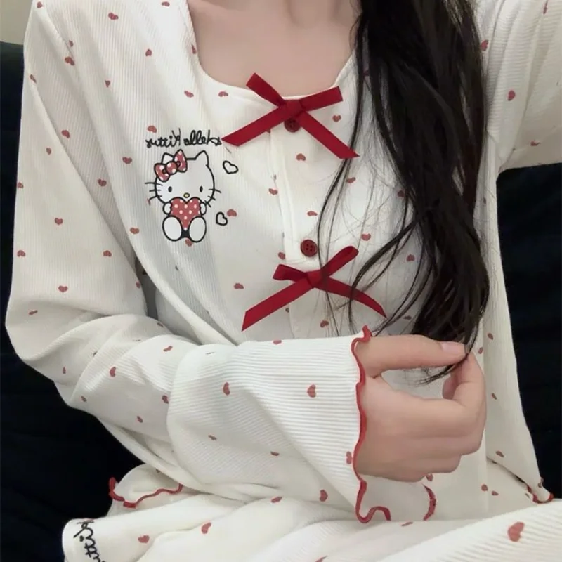 

Sanrio Hello Kitty Women's Pajamas 2 Piece Set Cuteore Cartoon Autumn Sleepwear Long Sleeve Pants Nightgowns Home Suit New Style