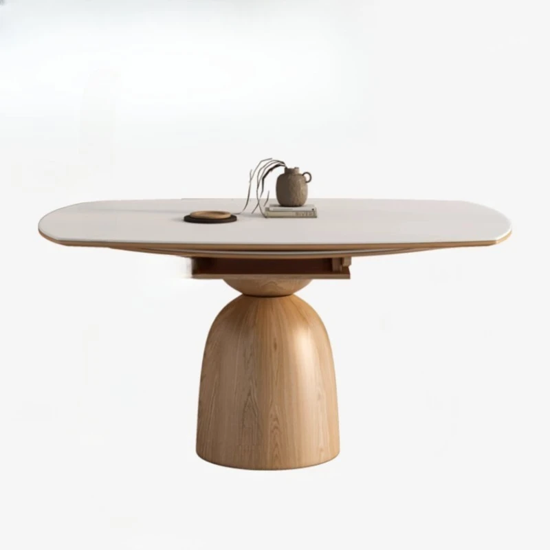 

Cream wind square and round dual-purpose solid wood rock slab retractable folding dining table household small apartment