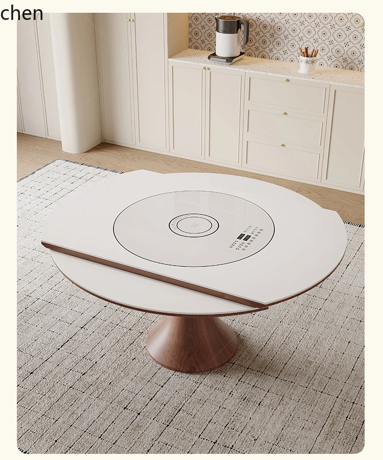 ZML rock slab dining table household small apartment with induction cooker turntable retractable retro solid wood round table