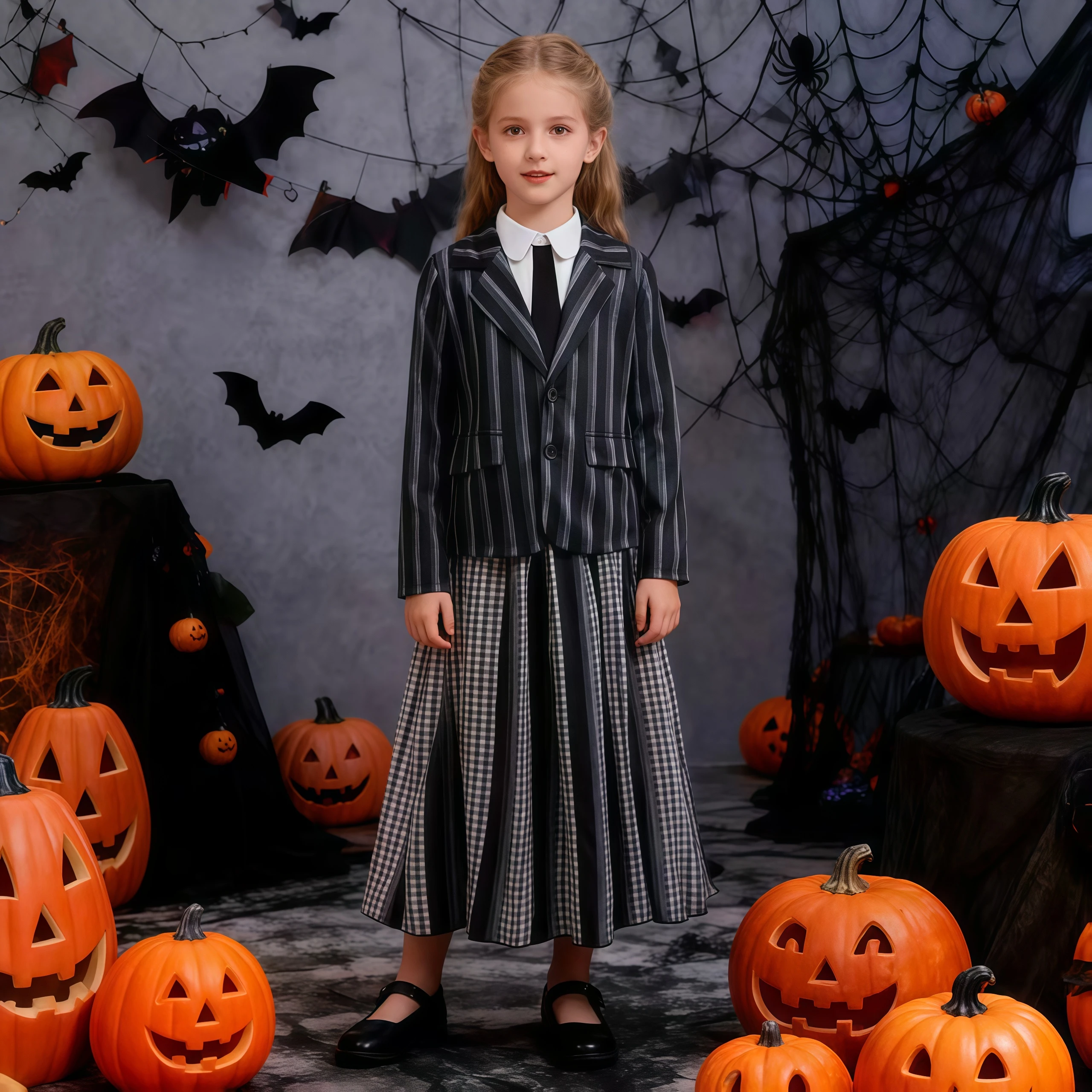 

Костюм для девочек на Хэллоуин, черно-серая полосатая куртка, верхняя юбка для детей, карнавальная вечеринка, нарядные готические наряды для ролевых игр