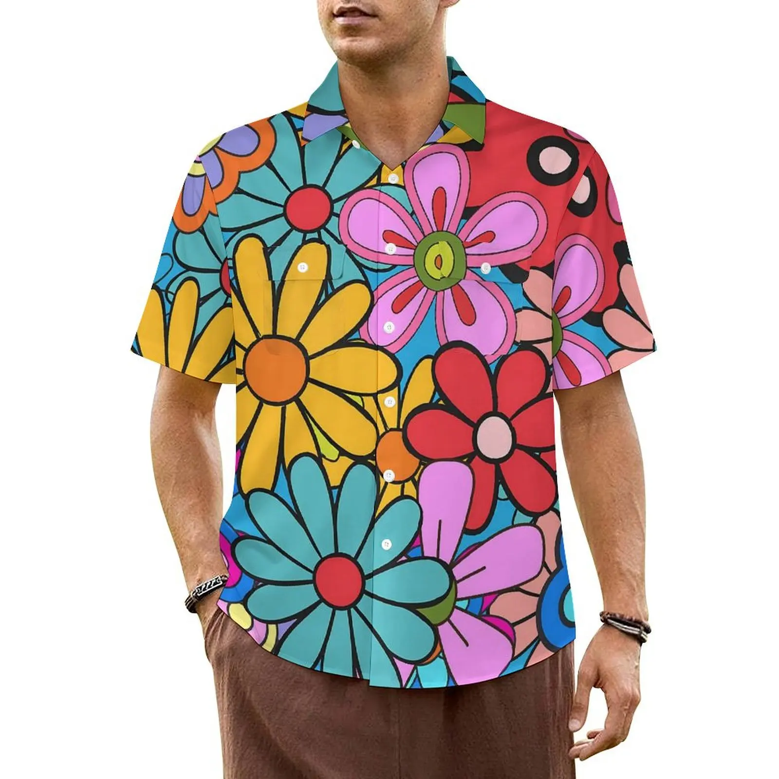 

Flower Power Beach Shirt Retro 60s 70s Hawaii Casual Shirts Male Elegant Blouses Short-Sleeved Y2K Fashion Custom DIY Top