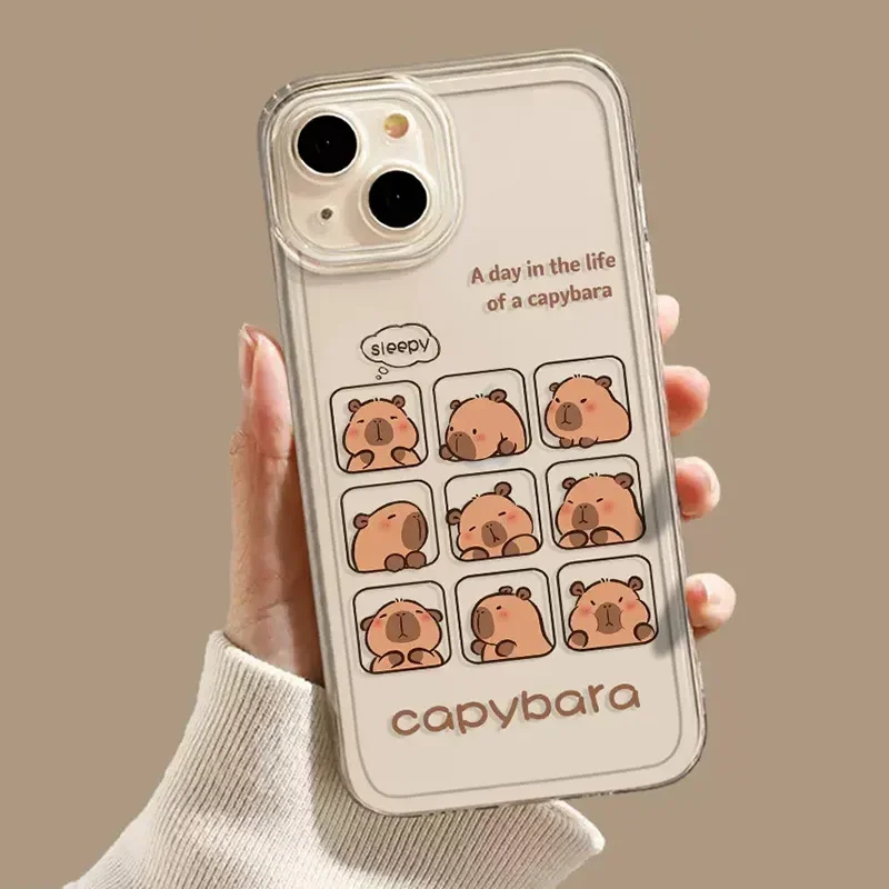 Funny Cat Capybara Transparent Phone Case For iPhone 16 14 15 13 11 12 Pro Max 13Mini SE 7 8 15 Plus Clear Cover Fundas Bag Skin