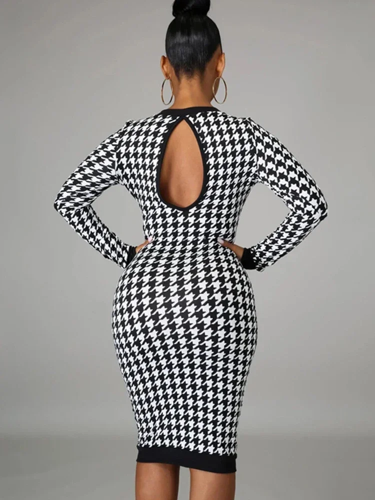 Houndstooth Print Women Long Sleeve Midi Dress Hollow Out Bodycon Sexy Streetwear 2024 Autumn Winter Club Elegant Slim