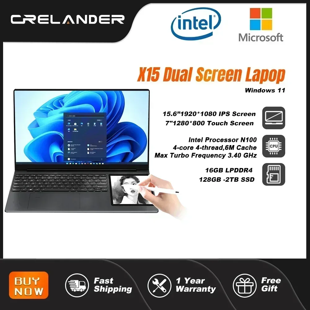 CRELANDER-Laptop Dual Screen, 15,6 "+ 7", Intel, Alder Lake, N100, 16GB, DDR4, RGB, Teclado retroiluminado, Notebook, Touchscreen