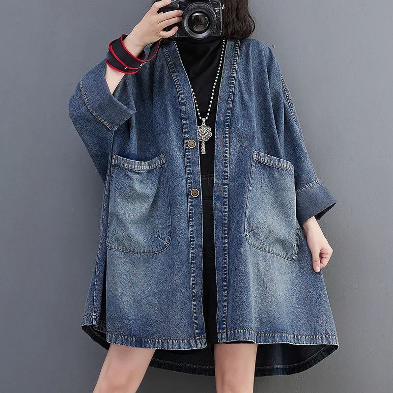 Women Loose Long Denim Coat V-Neck Long Sleeve One Breasted Oversize Jean Jackets Female Spring Fall Versatile Commute Outerwear