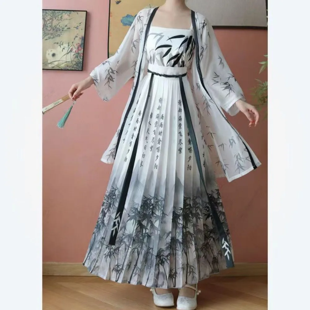 3pcs Set Hanfu Jacket + Camis + Ink Painting Pleated Skirt Song Dynasty Costume Summer Ancient Chinese Retro Style Hanfu Women