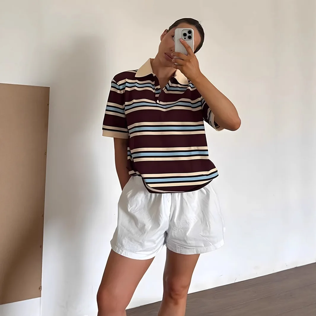 Polo Neck Short Sleeve T-Shirt Soft Cotton Striped Knitted Pullover Casual Suit