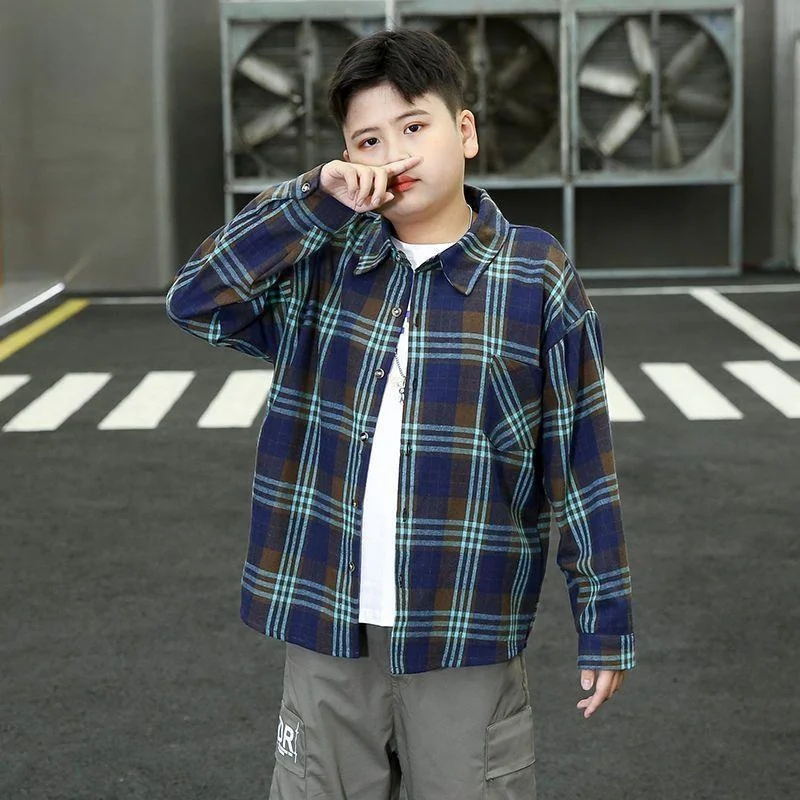 

plus Size Boys Shirt Spring Autumn Pure Cotton Long Sleeve Loose Plaid Trendy Kids Clothing Straight Leg Fit Hoodie Shirt