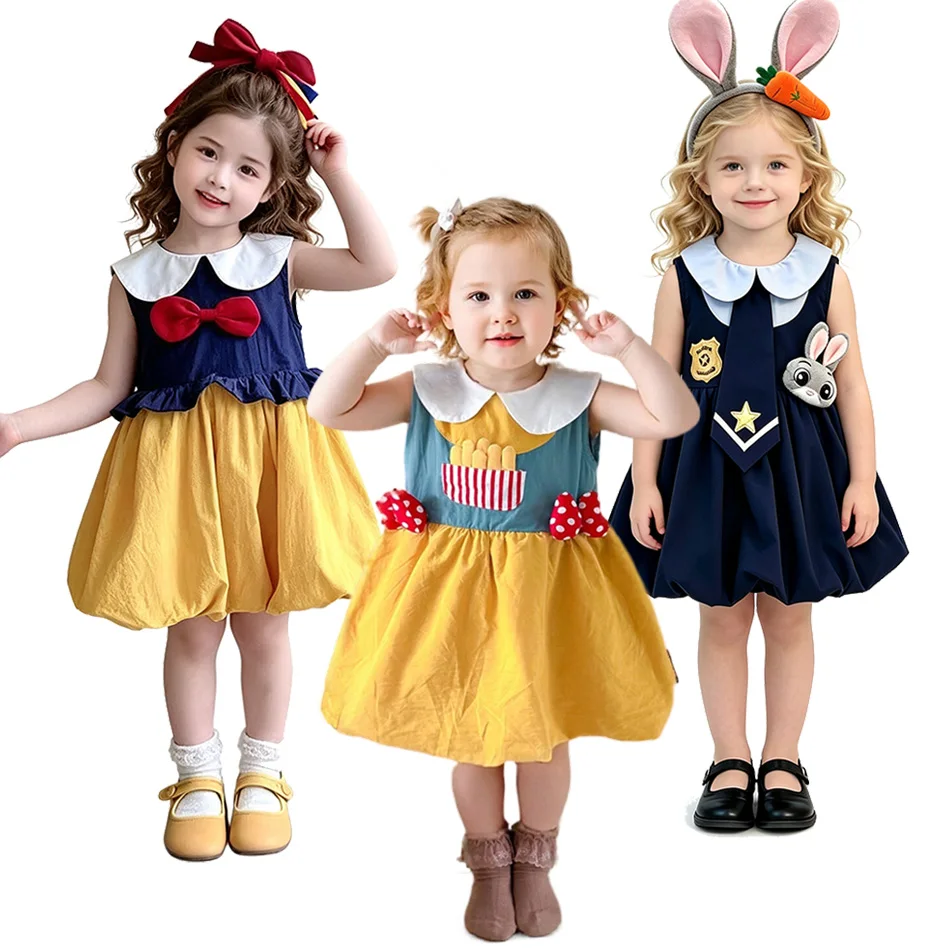 Baby Girls Sleeveless Bubble Dress Cute Cartoon Doll Collar Puff Hem Outfit Soft Cotton Summer Dress Birthday Party Daily Casual