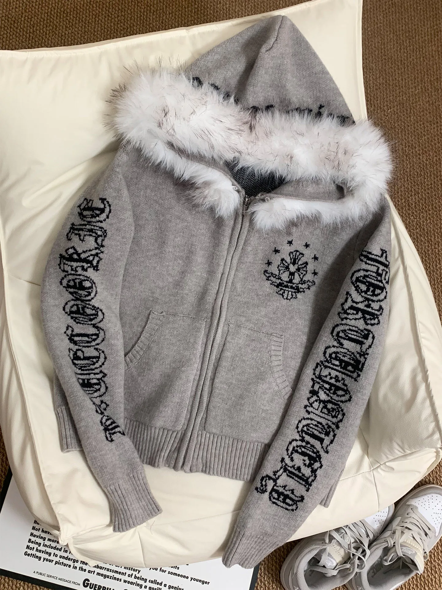 

American Sle Detachable Fur Collar Hooded Letter Knitted Sweater Women's ort Slim Fit Knitted Coat Winter Warm Outerwear