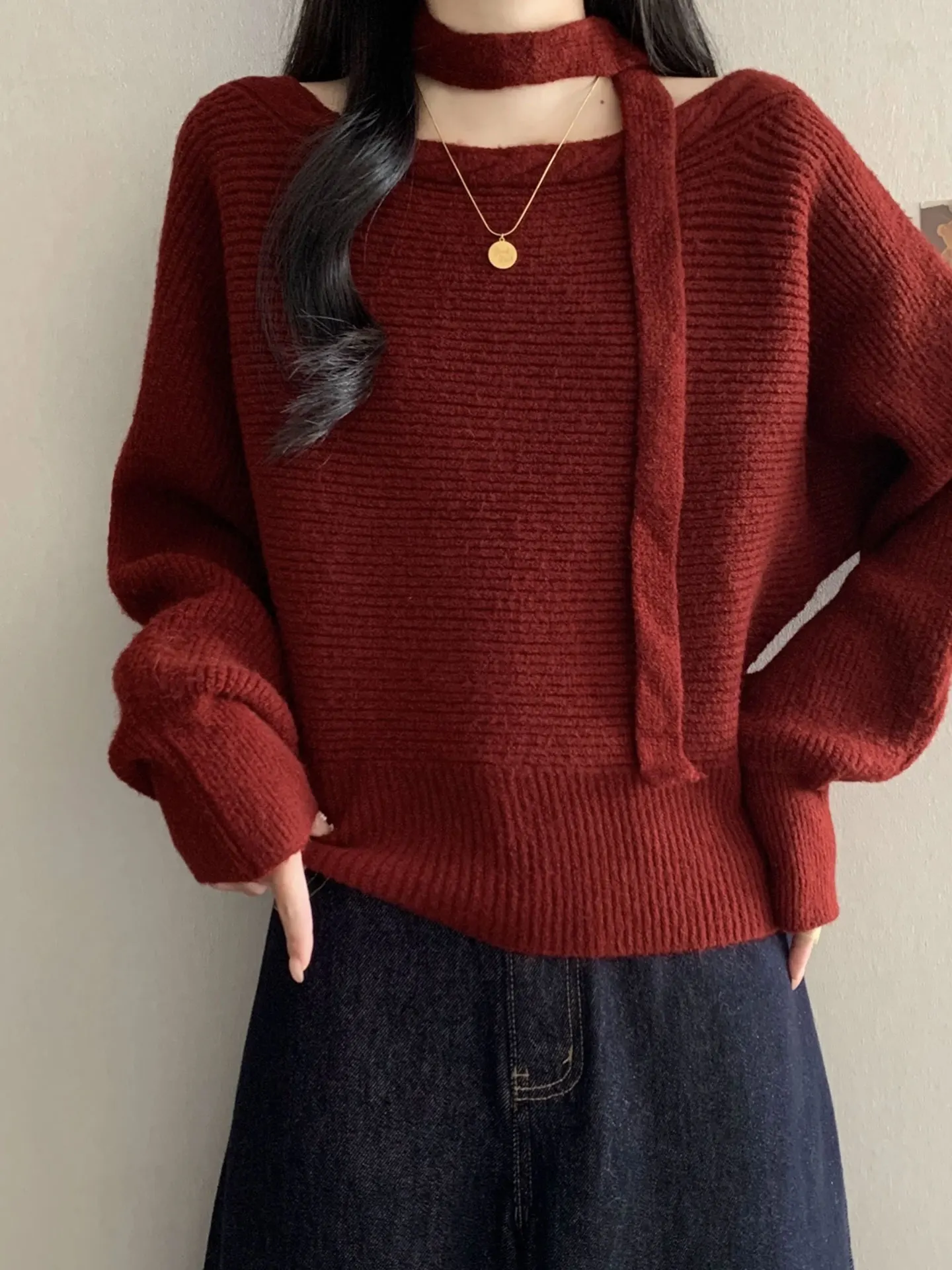 

Женский вязаный свитер Ele Long Sve с эффектом похудения, красный, осенне-зимний, больших размеров, топ с эффектом стройности