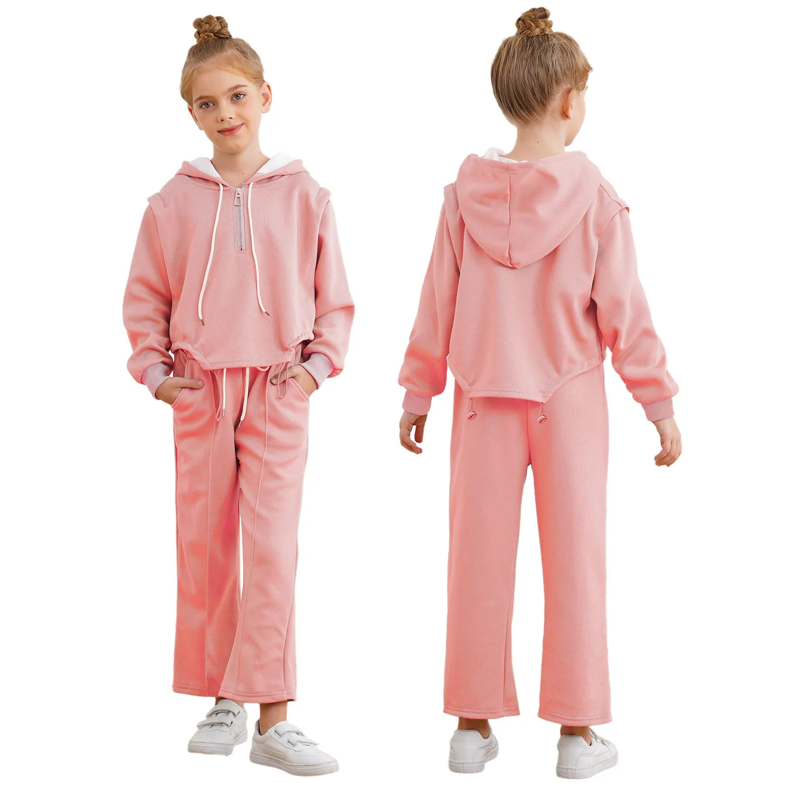 

Kids Girls Sportswear Set Long Sleeve Zipper Drawstring Hoodie Coat with Pants Outfit Sweatshirt Homewear Casual Clothes 2Pcs