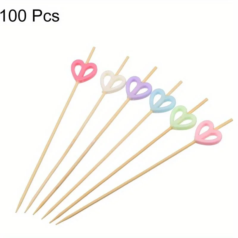 100pcs Disposable Heart Cocktail Toothpicks Food Fruit Drink Appetizer Skewer Dessert for Birthday Wedding Party Decoration 12cm