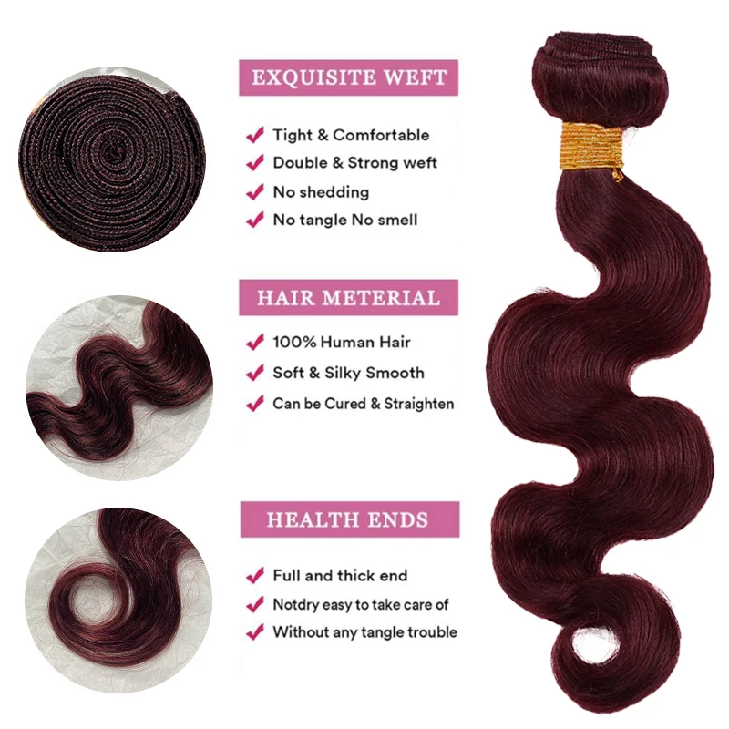 99j Body Wave Burgundy Bundles 100% Human Hair Bundles 1/3/4 Bundles Wine Red Colored Brazilian Hair Weave Bundles image 3