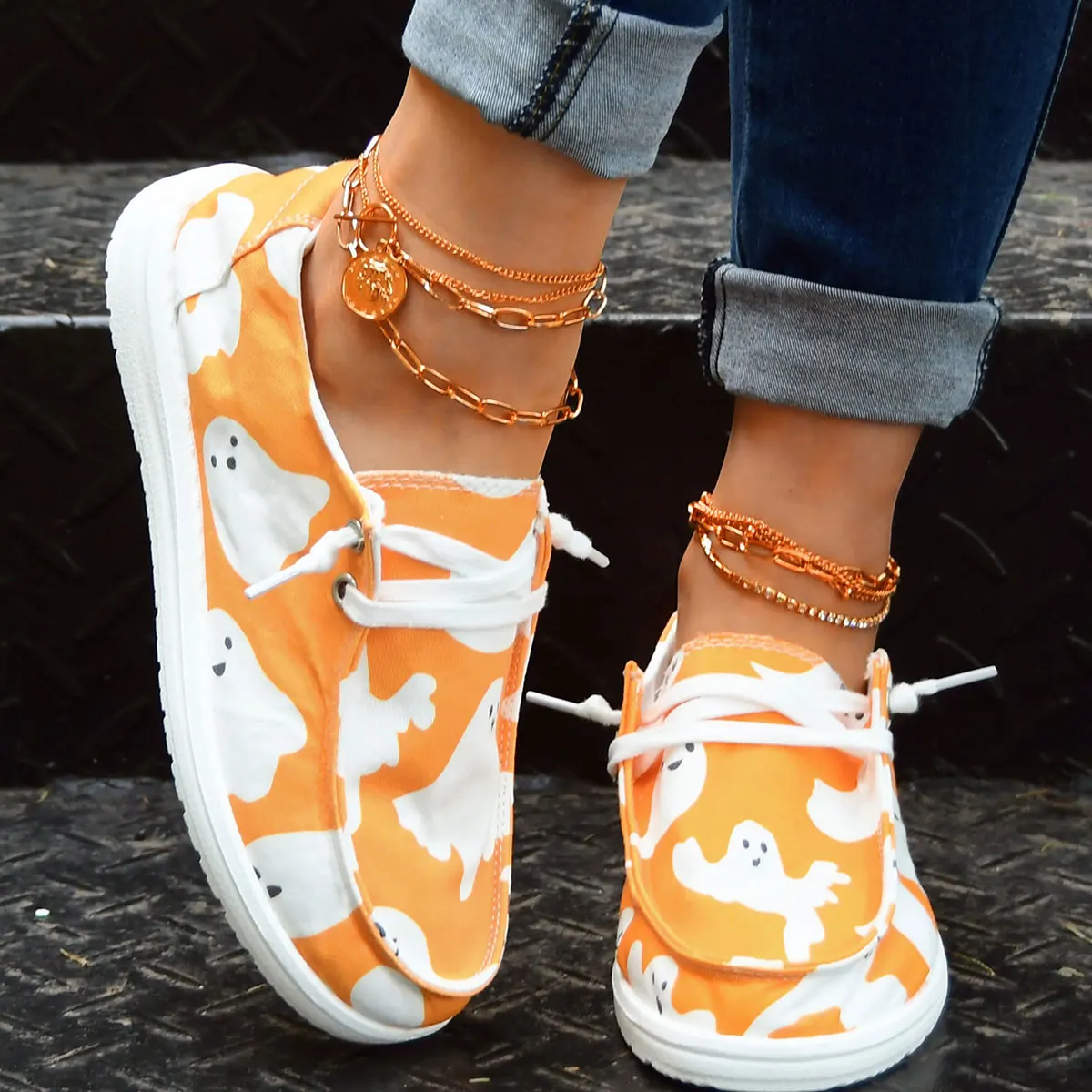 Women Halloween White Ghost Printed Orange Canvas Sneakers Elastic No‑tie Lace‑up Flat Casual Shoes Ladies Lightweight Soft‑Sole Lazy Daily Walking Holiday Fashion Female Footwear