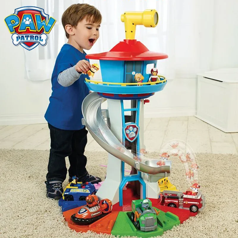 Paw Patrol Tower Toy com Rebound Bicycle for Kids, Lookout Vehicle Figuras, Decoração do lar, Brinquedos de presente de aniversário