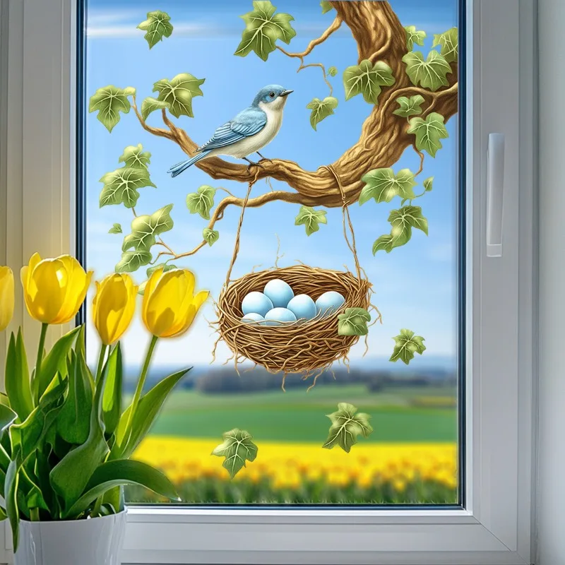 Bird's Nest and Floral Window Sticker for Living Room and Balcony Glass Decoration Self-adhesive Window Beautification Sticker