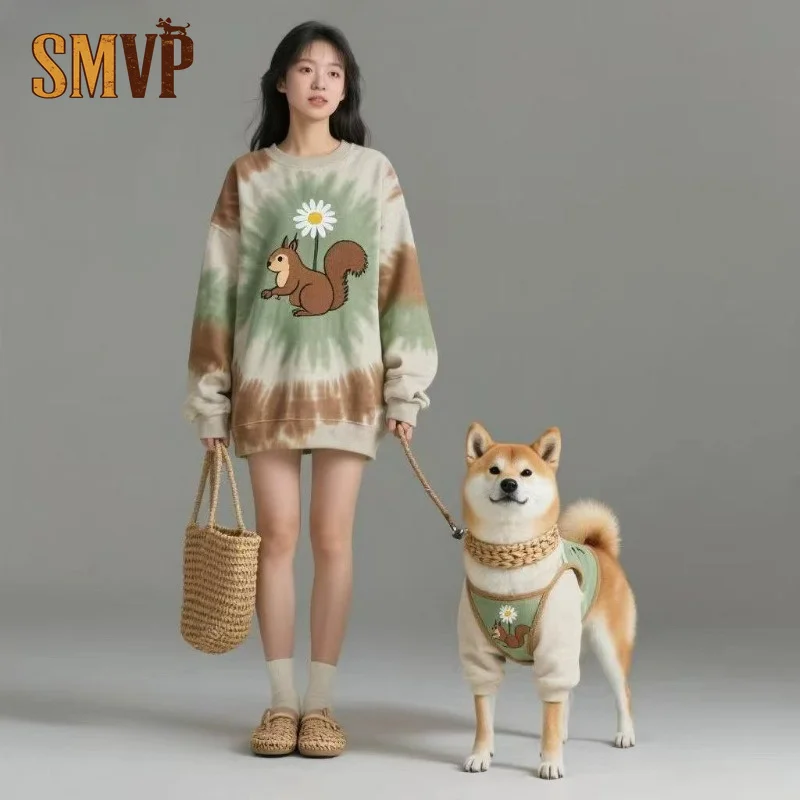 Matching Tie-Dye Squirrel Print Sweatshirt for Dog Owner Cozy Fall Winter Pet Parent Outfit Casual Pullover Parent-child Outfit