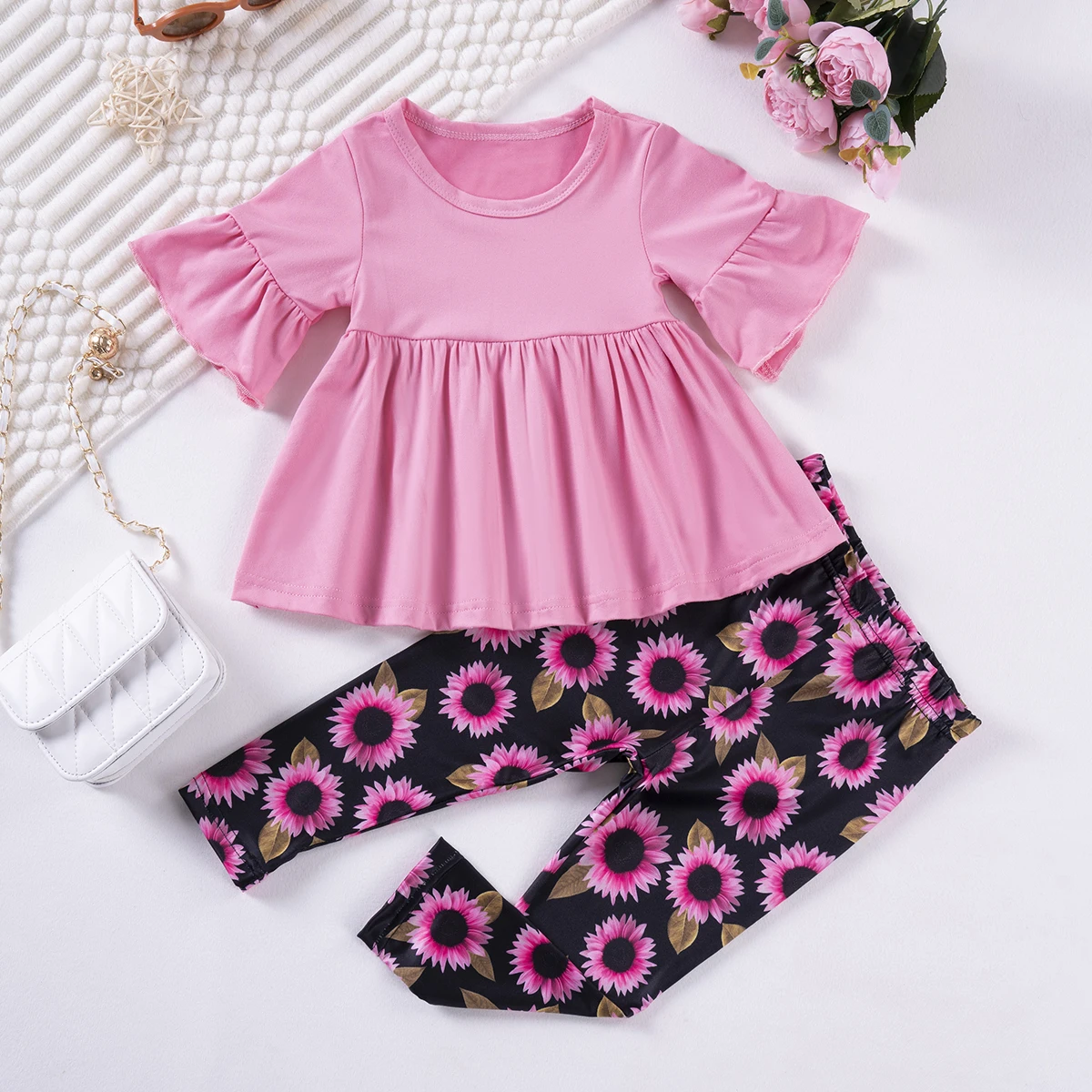 2 pcs Toddler Girl Solid Color Short Sleeve And Floral Pattern Trouser Set For Kids Casual Summer Clothes