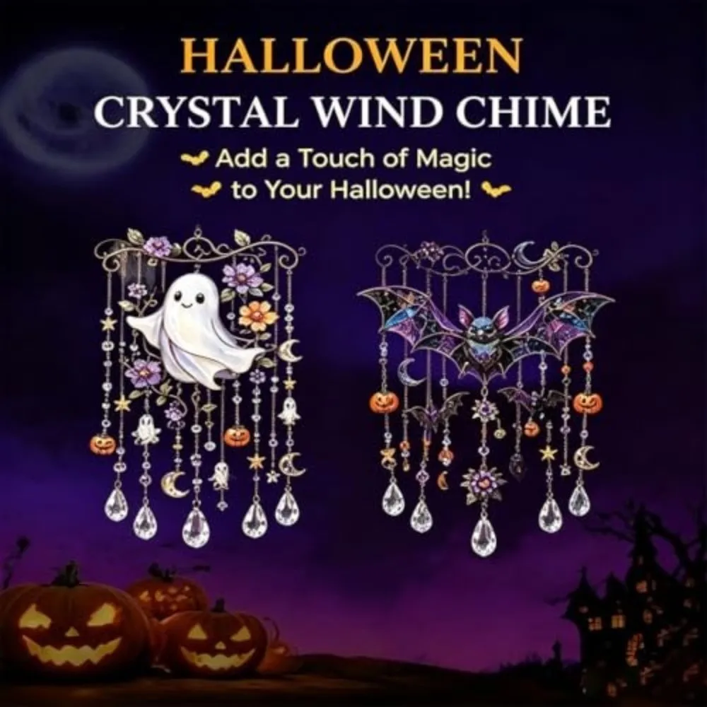 Halloween Themed Crystal Wind Chime Hanging Chain Faceted Teardrops Hanging Ornament Stained Glass Dangling Strands
