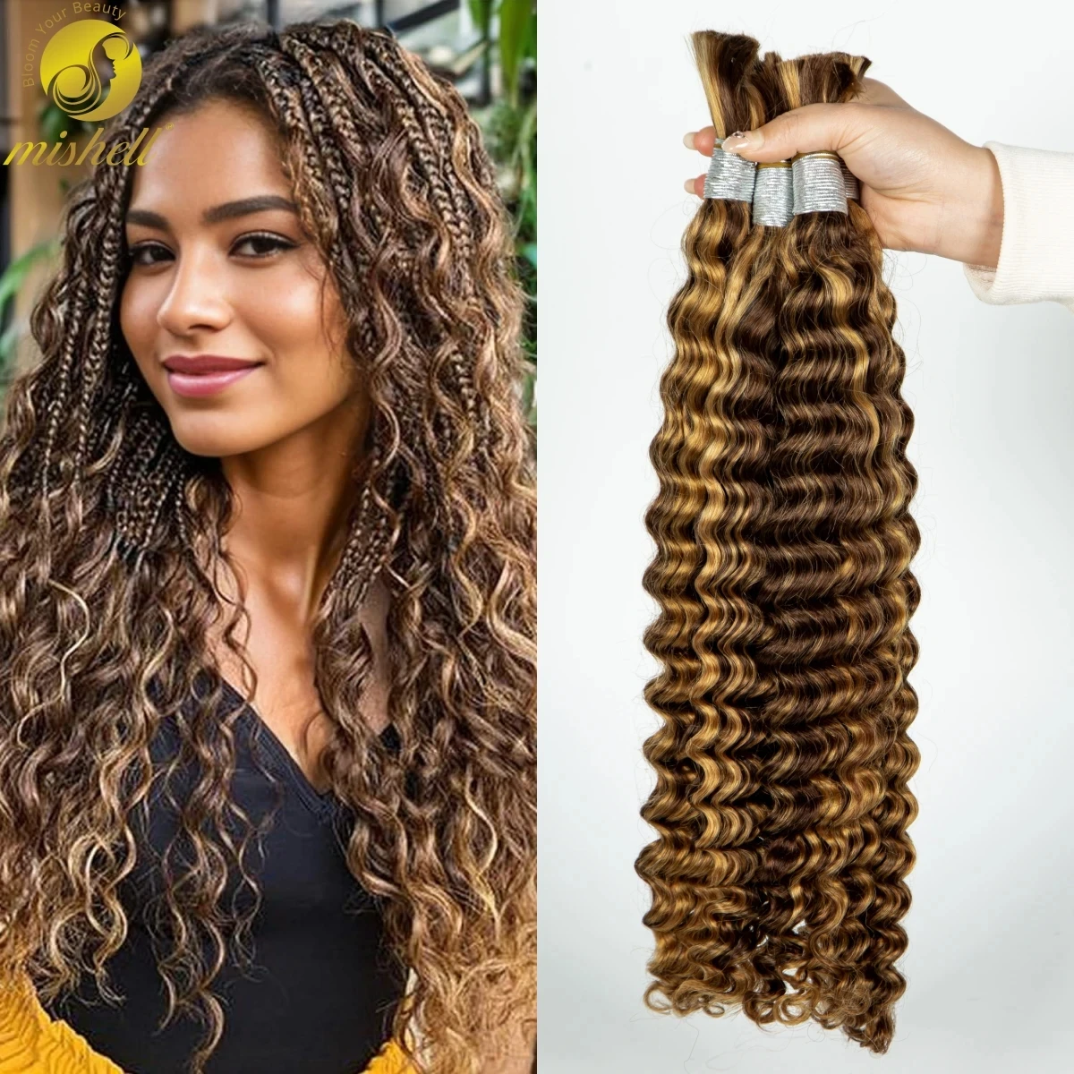

26 28 Inches Deep Wave Highlight Ombre Bulk Human Hair For Braiding No Weft 100% Virgin Hair Curly Extensions For Boho Braids