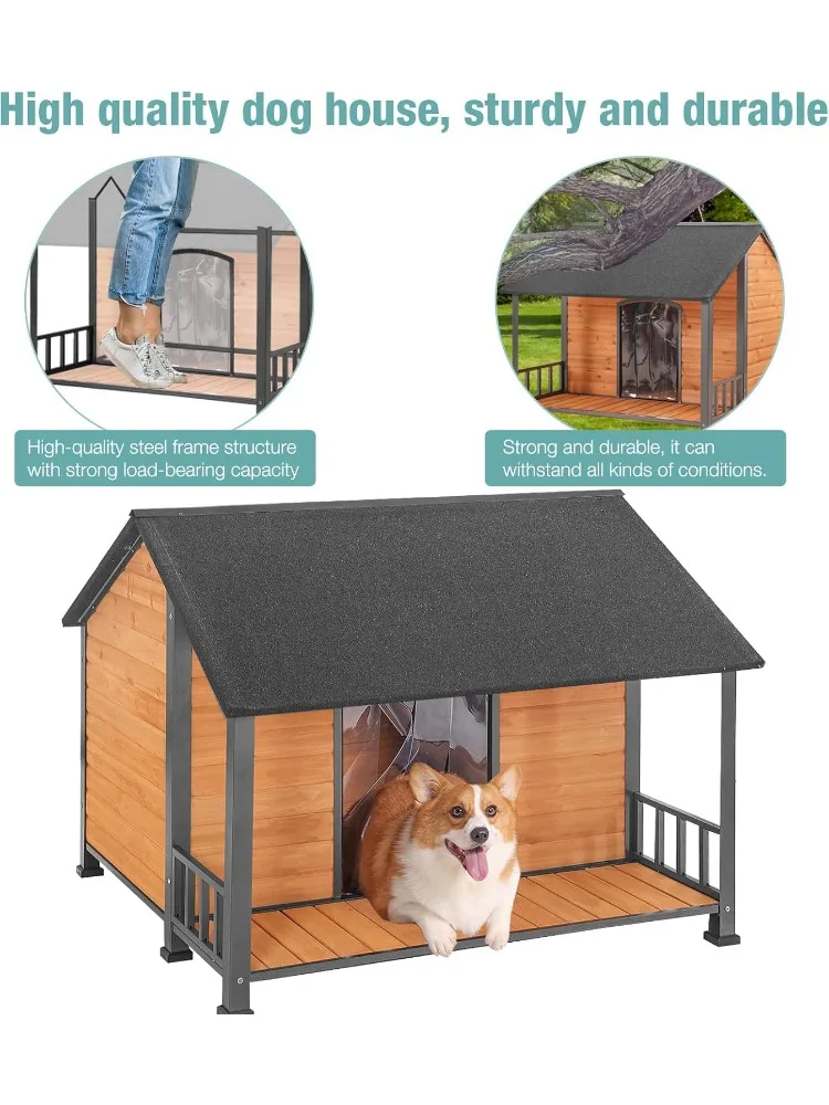 Dog House Outdoor, Chew-Proof Metal Frame Dogs Kennel Outside, Weatherproof Dogs House Large Breed, Clean Wooden Dog Kennels