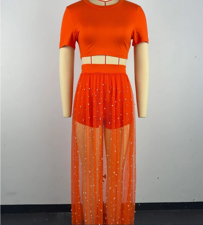 Pearl perspective mesh skirt short sleeved waist T-shirt three piece set for women's fashionable and casual 2024 summer new item