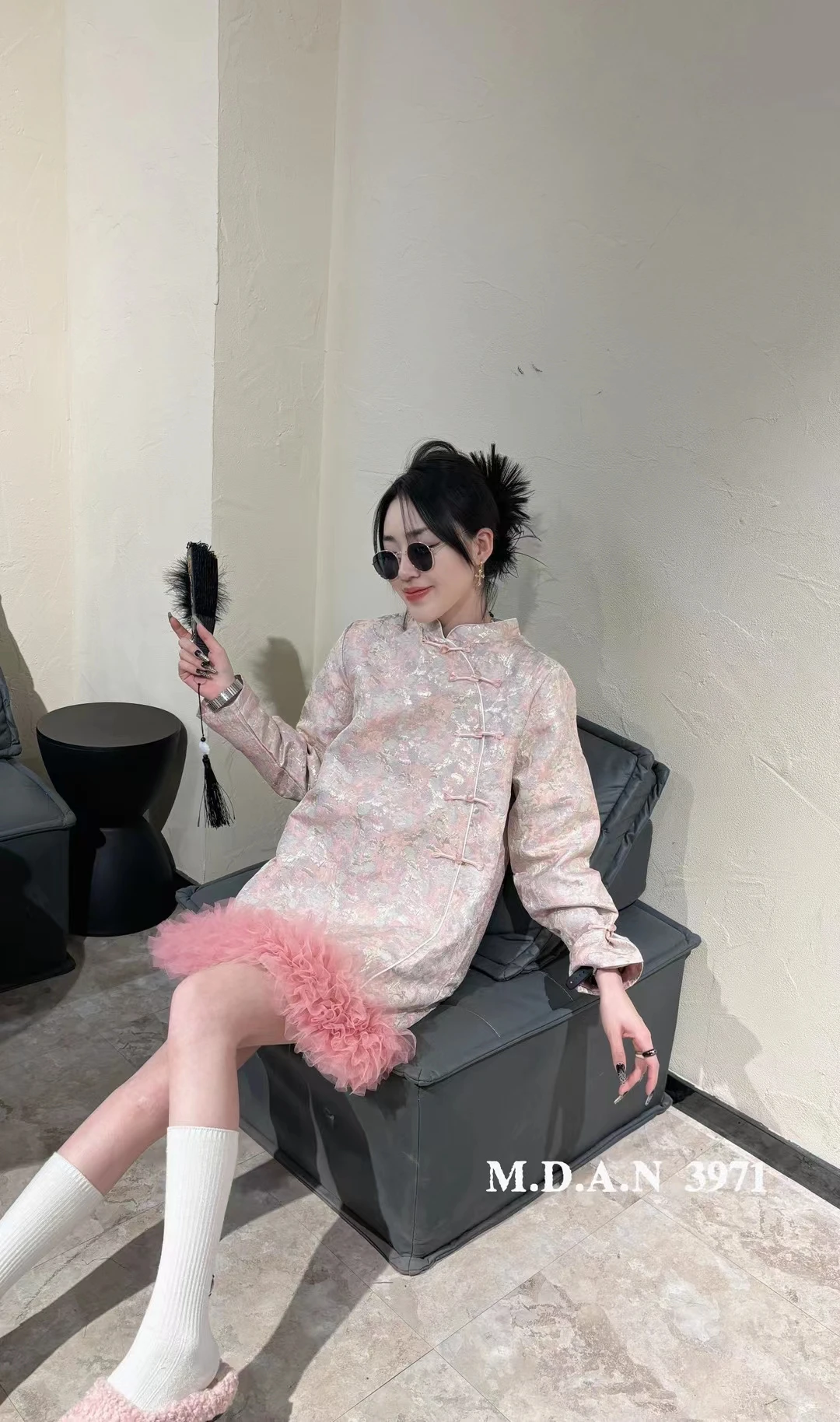 تحسين النمط الصيني تشيباو للنساء الربيع والخريف الساتان الجاكار النمط الوطني زر الحرفية الثقيلة فستان فضفاض أنيق #6