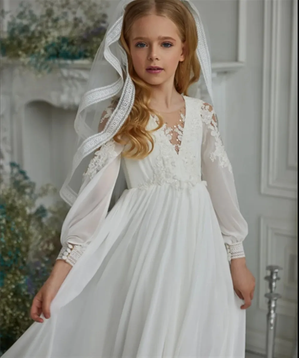 

Elegant Flower Girl Dress for Wedding Bohemian Appliques V Neck A Line Dress Princess Birthday Party Kids First Communion Gown