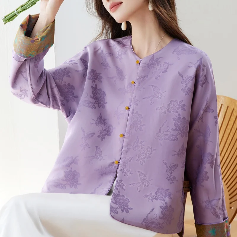 New Chinese Style Women Three Quarter Sleeve Blouse Floral Print Round Neck Frog Button Loose Vintage Top Lightweight Breathable
