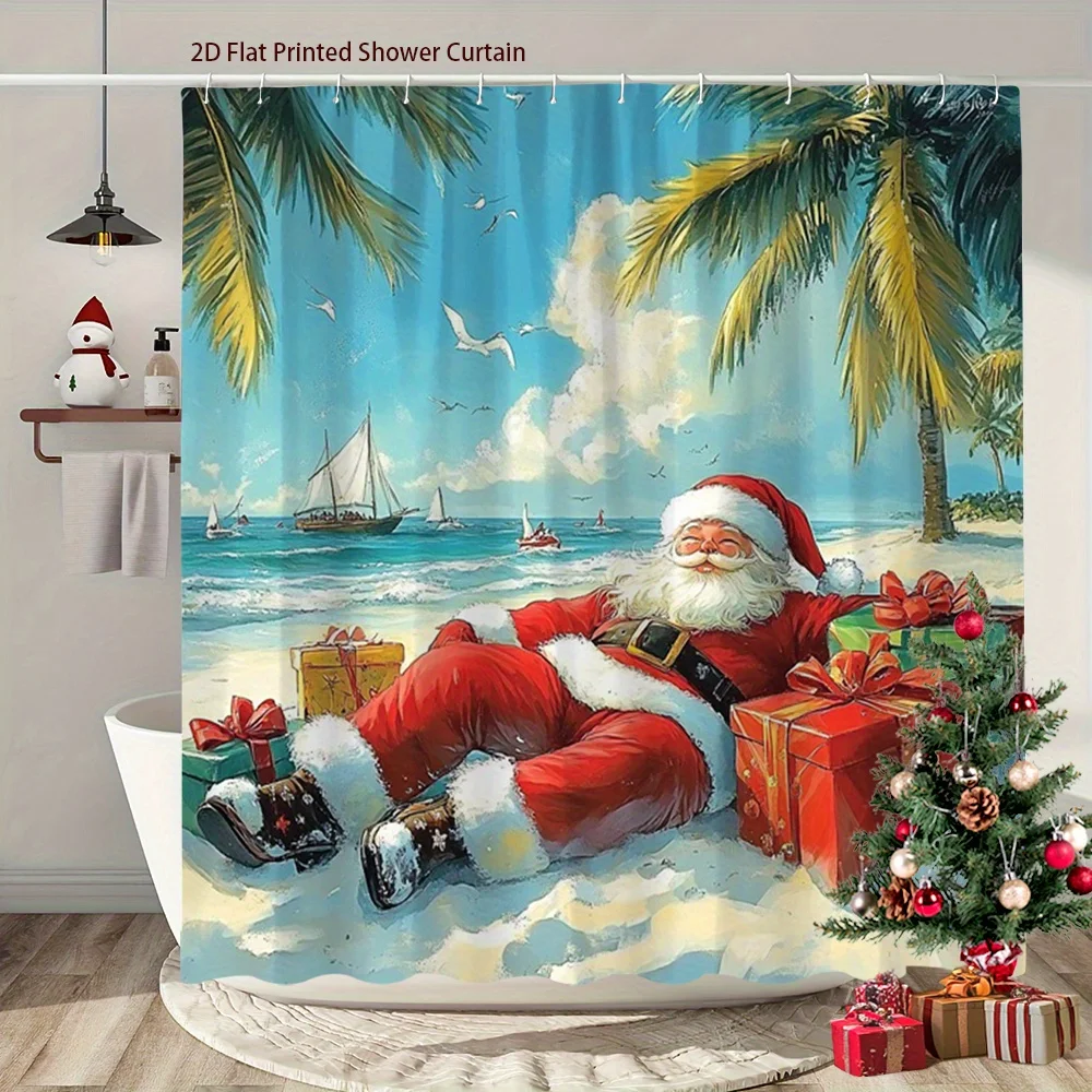 2D Flat, 1pc Christmas 2D Flat Shower Curtain Santa Claus Relaxing on Beach with Presents and Palm Trees Festive Bathroom Decor