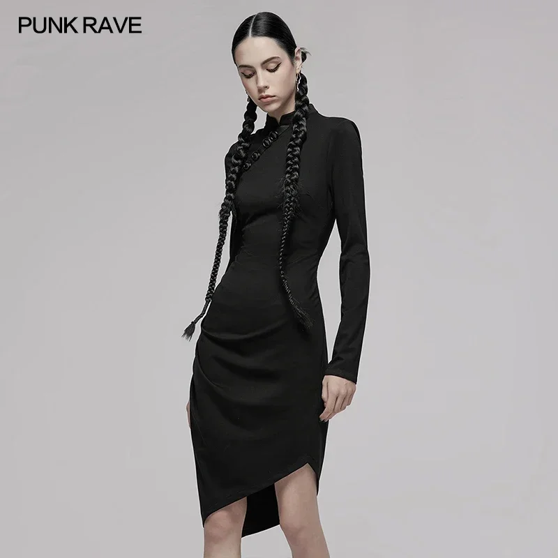 PUNK RAVE Women's Gothic Pointed Hem Cheongsam Collar Fit Slim Long Dress Concealed Buckles Twill Folds Sexy Black Dresses