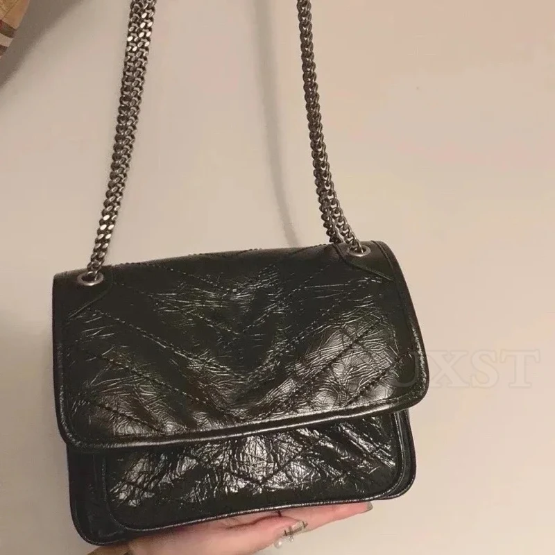 UXST 2024 Genuine Leather Women\'s Messenger Bag Oily Wax Leather Large Capacity Shoulder Crossbody Bag Fashion Chain Hobo Bags
