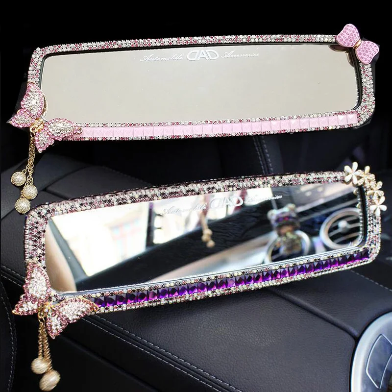 

Cute Cartoon Butterfly Rhinestone Car Interior Mirror Decor Bowknot Crystal Diamond Rear Mirror Ornament Women Car Accessories