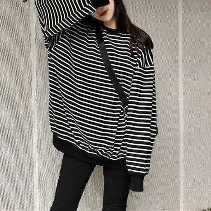 

Classic Simple Striped Long Sleeve Oversized Streetwear Female Sweatshirt Autumn Winter Fleece Casual Pullovers Women's Clothing