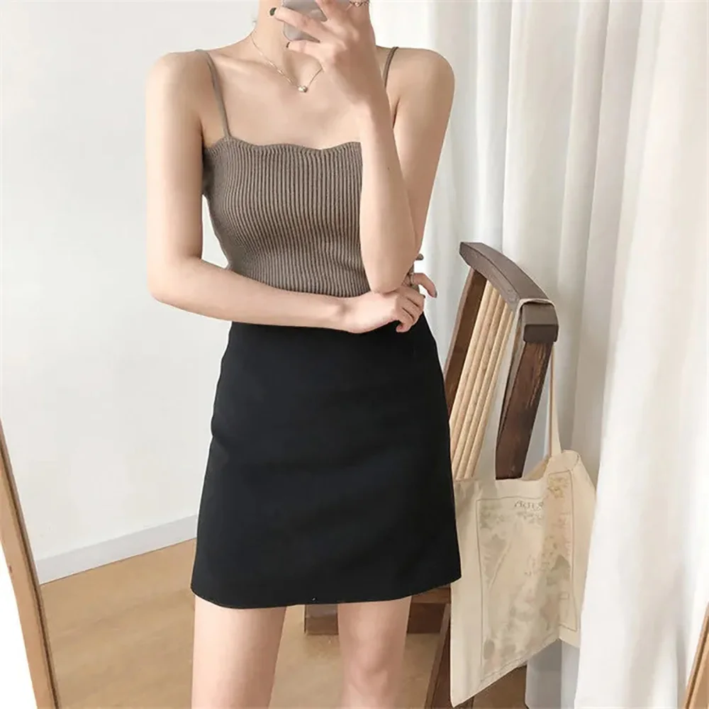

Nice Women Sling Vest Summer Solid Color Knitted Korean Women's Sleeveless Sexy Suspender Bottoming Shirt Students Shirts Woman