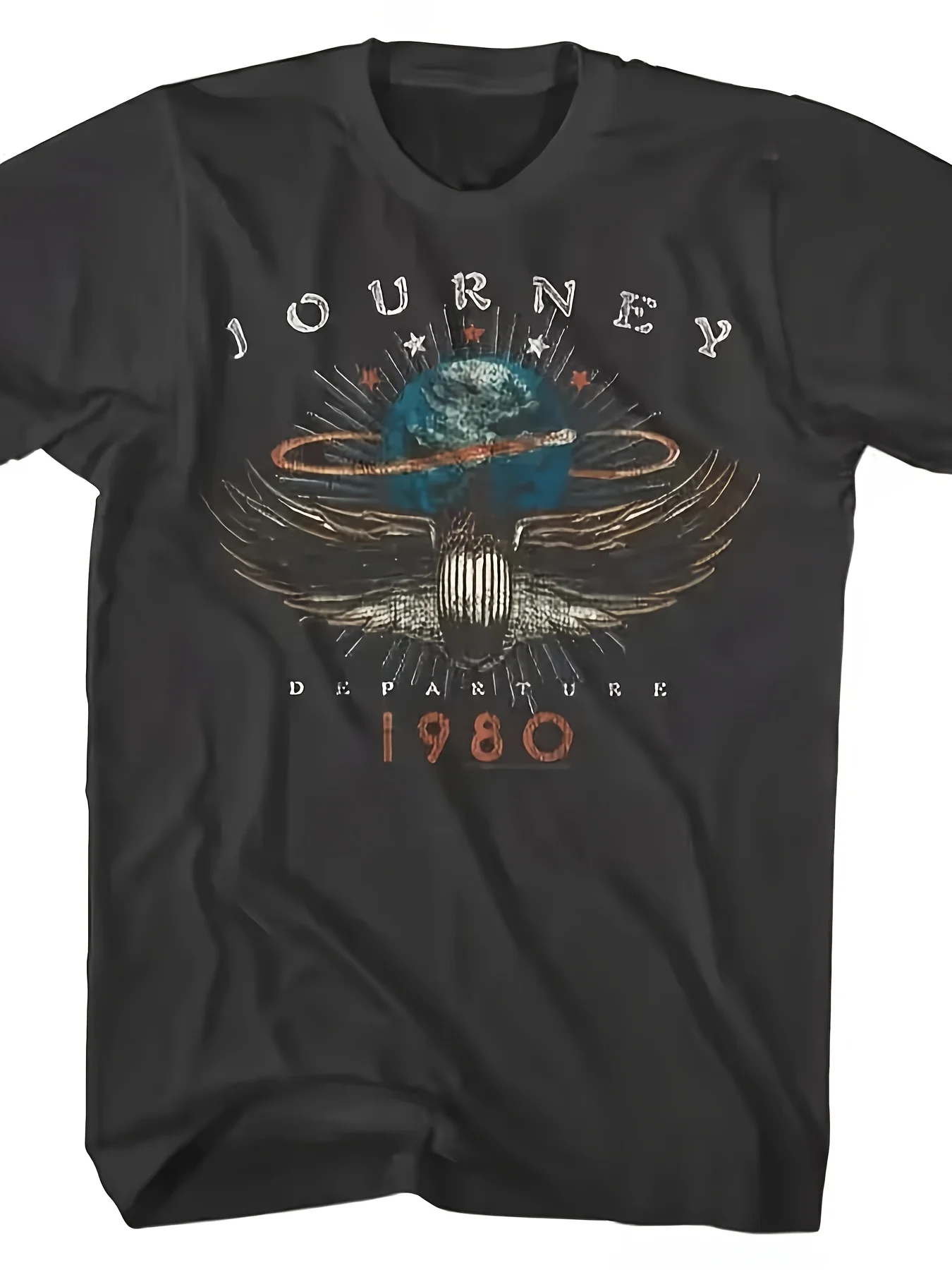 Men's Vintage 1980s Retro Rock Band T-Shirt Black Short Sleeve Tee with Band Unknown Journey Print